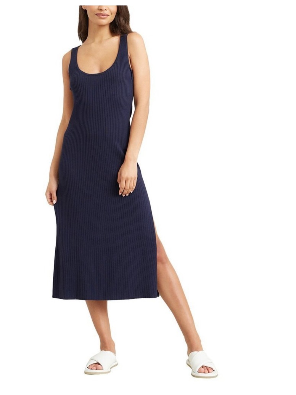 Modern Citizen Women Serin Dress blue Circle Back Maxi Ribbed Side Slit sz 1X